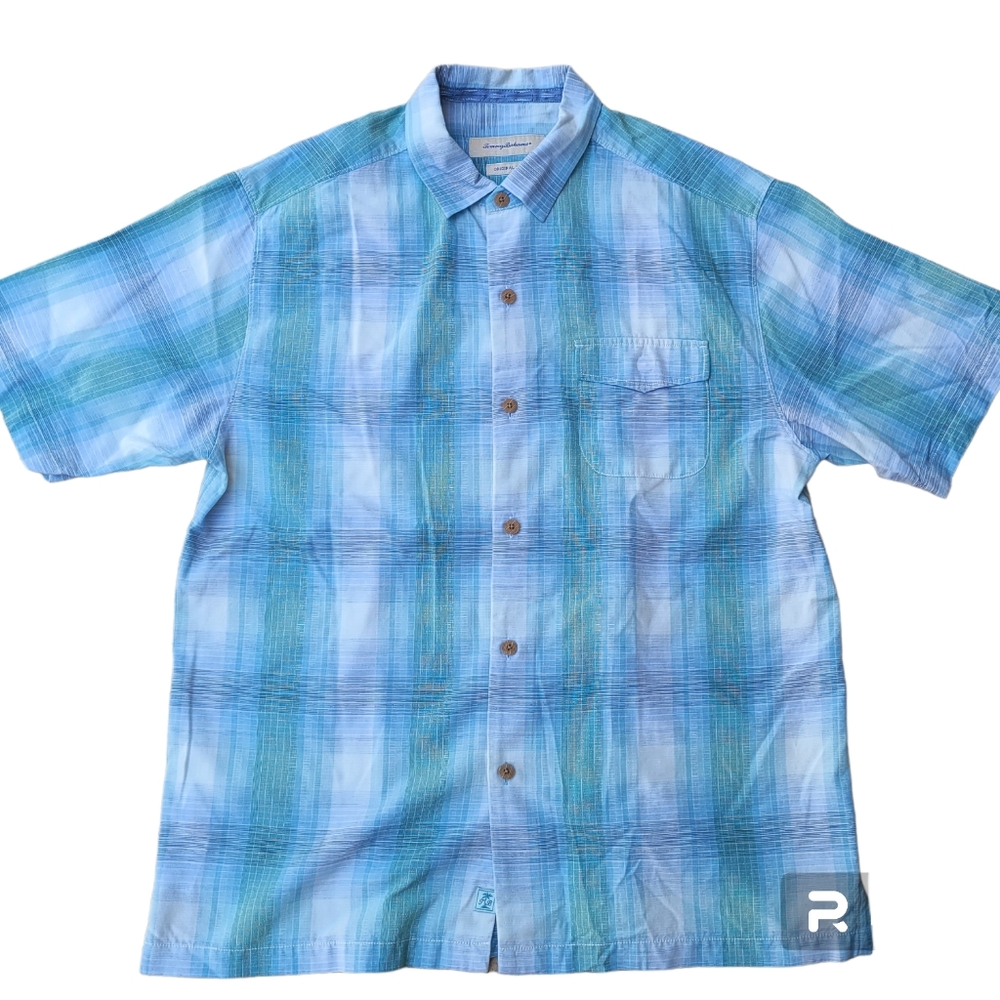 Tommy Bahama Silk Blend Blue Plaid Button Down Original Fit Men's Size LARGE